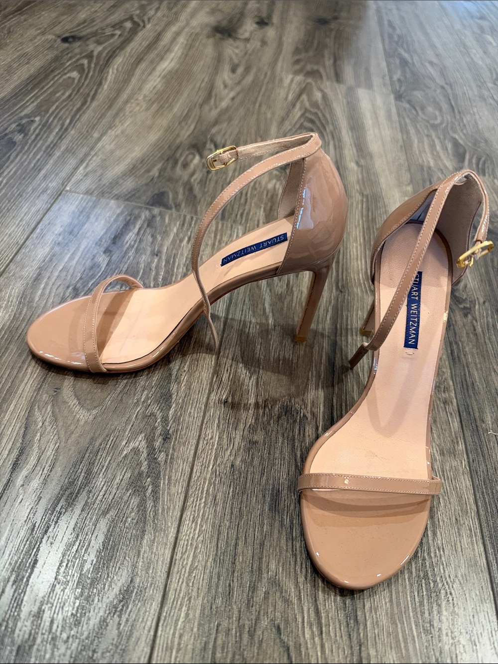 Stuart Weitzman Nude Patent Ankle-Strap Stiletto Sandals